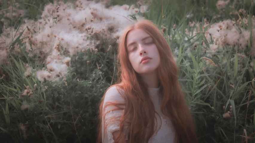 a woman with long red hair standing in a field, inspired by Elsa Bleda, pexels contest winner, portrait of anya taylor-joy, sleepy, an ai generated image, low quality photograph