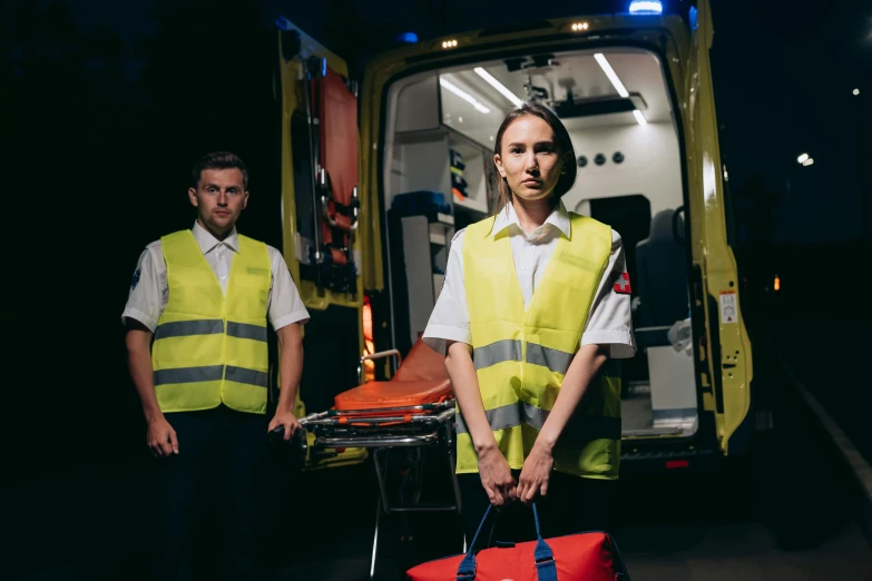 a couple of men standing next to an ambulance, a portrait, by Julia Pishtar, pexels, hyperrealism, wearing hi vis clothing, avatar image