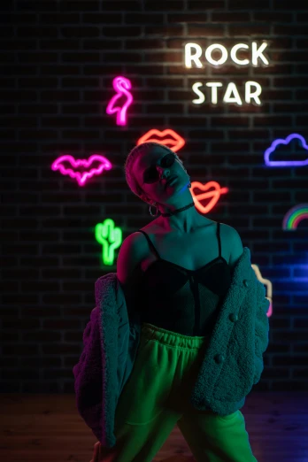 a woman standing in front of a neon sign, trending on pexels, starmaker, killstar, ((neon colors)), non binary model