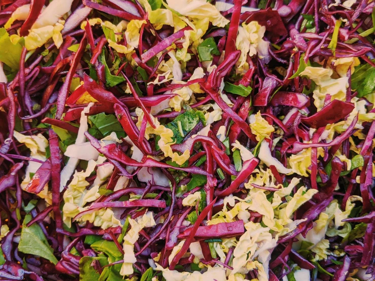 a close up of a salad with lettuce and red cabbage, by Carey Morris, renaissance, 👰 🏇 ❌ 🍃, 3 colour, cheesy, confetti