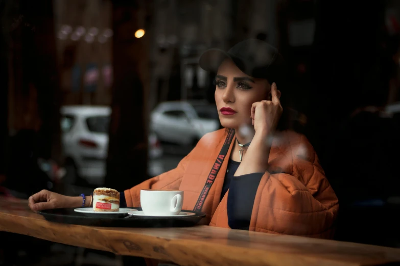 a woman sitting at a table with a plate of food, trending on pexels, hyperrealism, wearing a brown leather coat, arabica style, beautiful iranian woman, thoughtful )