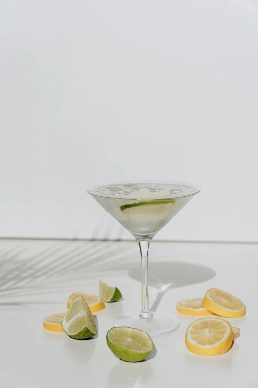 a martini sitting on top of a table next to sliced lemons, detailed product image, side profile shot, afar, with a white background