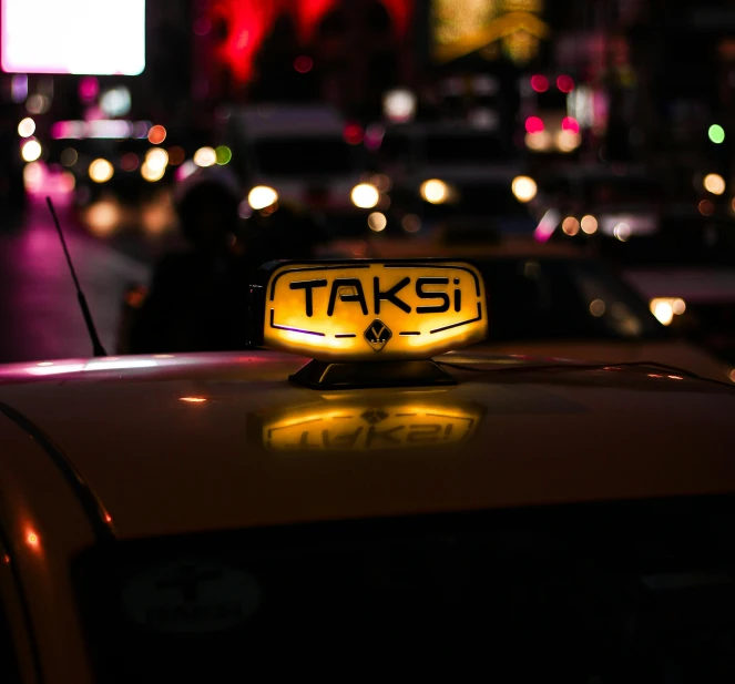 a taxi cab on a busy city street at night, pexels contest winner, tachisme, close up of lain iwakura, avatar image, neon sign, yellow cap