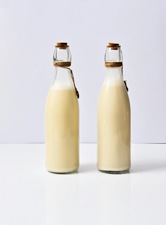 two bottles of milk sitting next to each other, by Jessie Algie, beige, angled, recipe, thumbnail