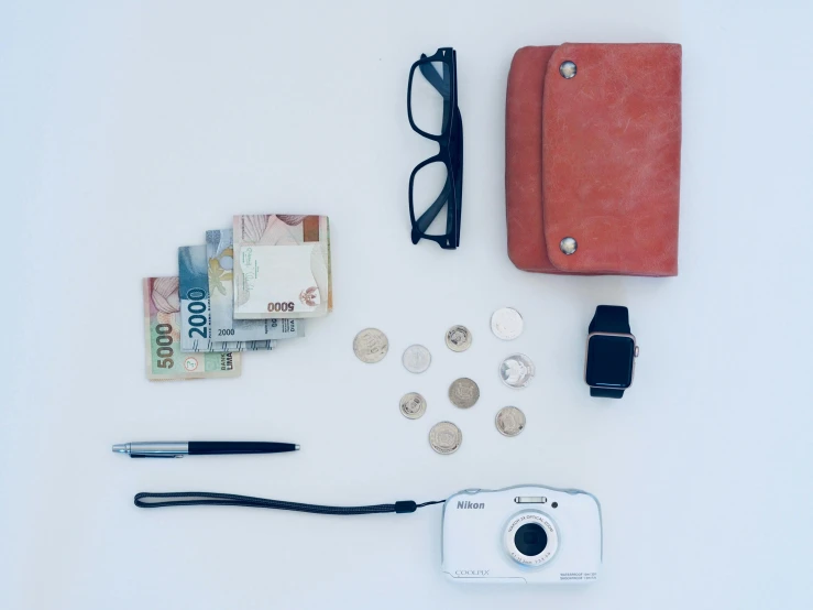 a white table topped with a camera and a wallet, pexels contest winner, three quater notes, some glints and specs, thumbnail, money