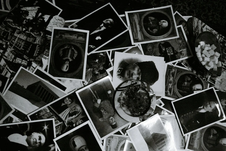 a bunch of pictures sitting on top of a table, a black and white photo, unsplash, surrealism, analog horror, stickers, vintage dark sci fi, corpses floor