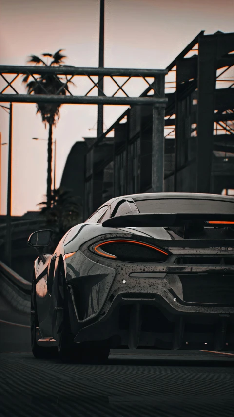 a black sports car driving down a street, inspired by Harry Haenigsen, pexels contest winner, grey orange, rear lighting, 4k serene, instagram story