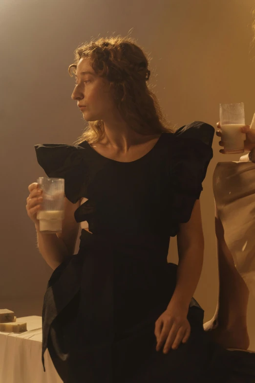 a couple of women standing next to each other, inspired by Nan Goldin, renaissance, holding a drink, ruffles, still from l'estate, soft volumetric lighting