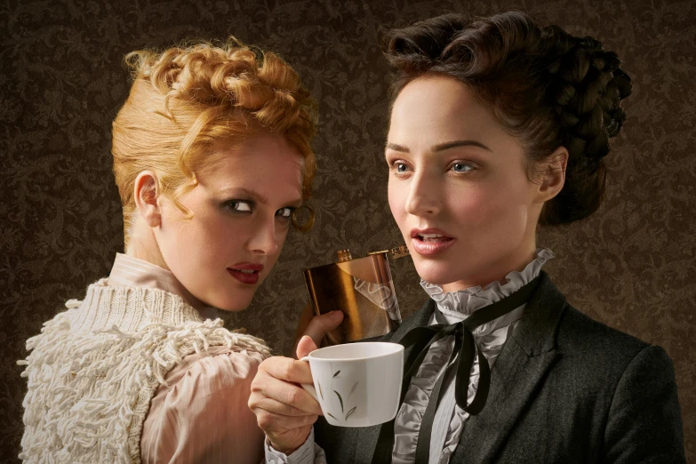 a couple of women standing next to each other holding cups, a portrait, inspired by Albert Edelfelt, shutterstock, neo-romanticism, chitty chitty bang bang, nvidia promotional image, face shot, elaborate hair worn up