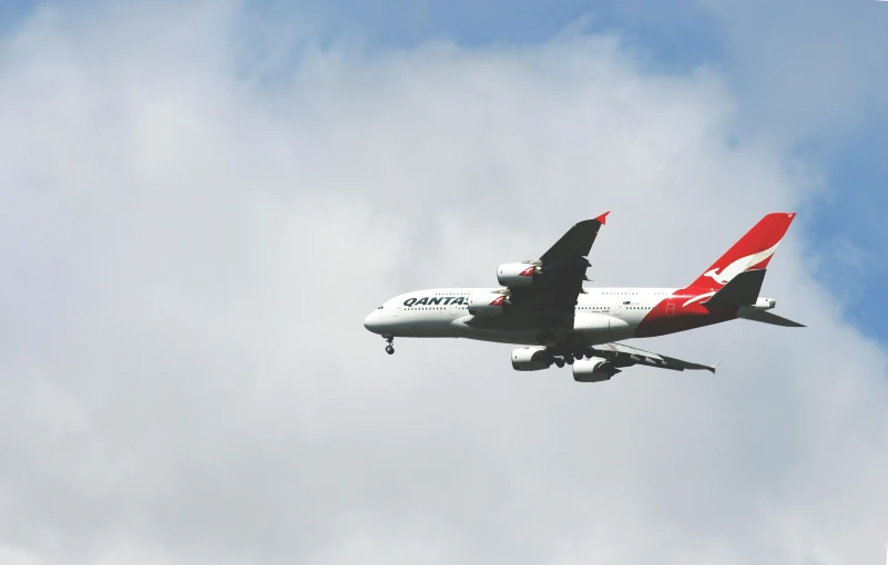 a large jetliner flying through a cloudy sky, by Paul Bird, pexels contest winner, hurufiyya, sydney, reds, hd footage, giants