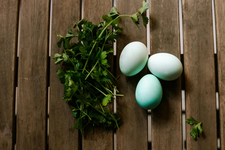 a bunch of eggs sitting on top of a wooden table, greens and blues, mint higlights, shot with sony alpha 1 camera, adult