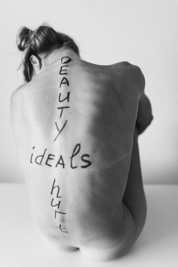 a naked woman with writing on her back, by Justus van Gent, tumblr, mental health, beautify, like a catalog photograph, dreams