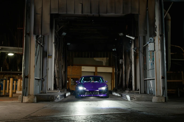 a purple car is parked in a garage, inspired by An Gyeon, pexels contest winner, renaissance, custom headlights, pr shoot, location [ chicago ( alley ) ], car jump