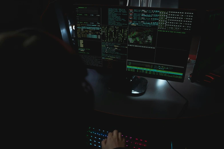 a person typing on a computer keyboard in the dark, a computer rendering, by Everett Warner, pexels, hacking into the mainframe, 2 5 6 x 2 5 6 pixels, monitors, threyda