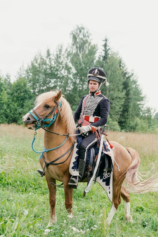 a man riding on the back of a brown horse, an album cover, by Ilya Ostroukhov, unsplash, renaissance, wearing a general\'s uniform, finland, lush surroundings, napoleonic