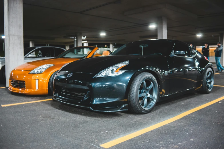 a couple of cars parked next to each other in a parking lot, a photo, unsplash, avatar image, sports car in the room, extreme shitty car mods, low quality footage