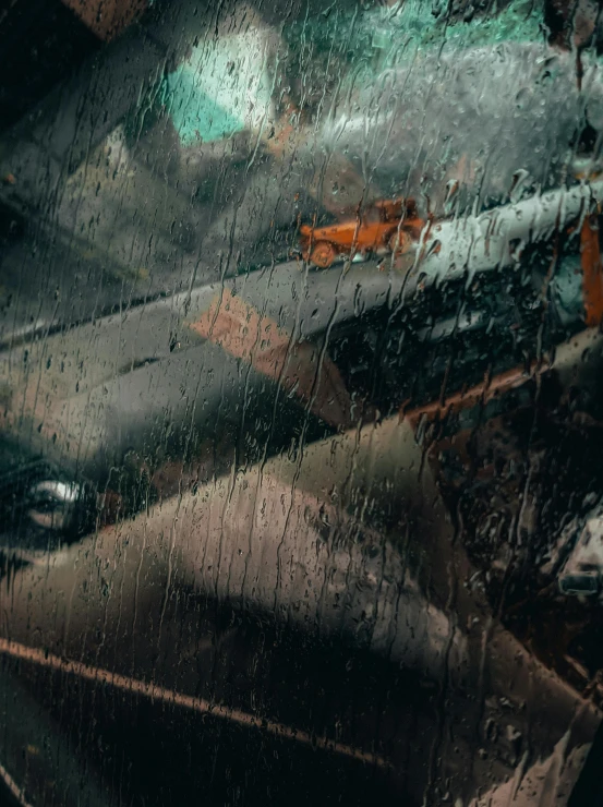 a car that is sitting in the rain, an album cover, inspired by Elsa Bleda, pexels contest winner, hyperrealism, abstract detail, wrecked cars, reflections in copper, obscured underexposed view