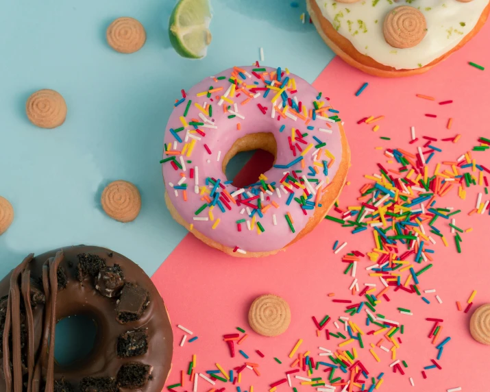 a couple of doughnuts sitting on top of a pink and blue surface, trending on pexels, background image, snacks, various colors, historical photo