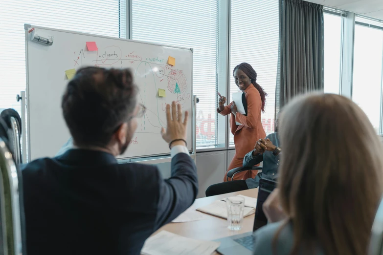 a woman giving a presentation to a group of people, by Emma Andijewska, pexels contest winner, whiteboards, promo image, multiple stories, fan favorite