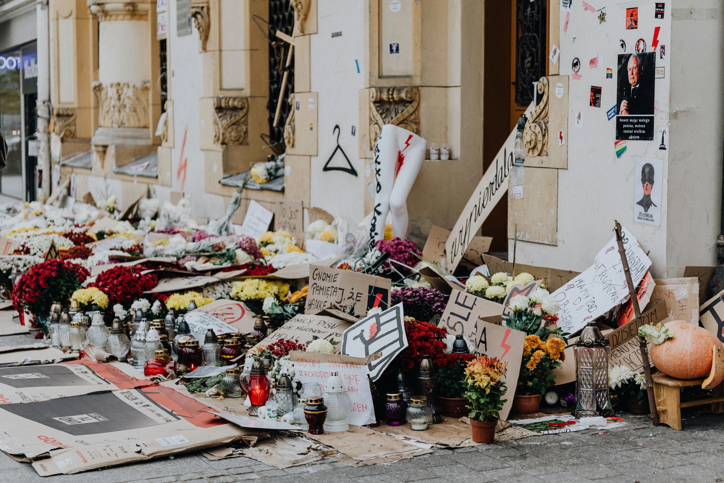 a bunch of flowers sitting on the side of a street, placards, displayed on an altar, profile image, catastrophe