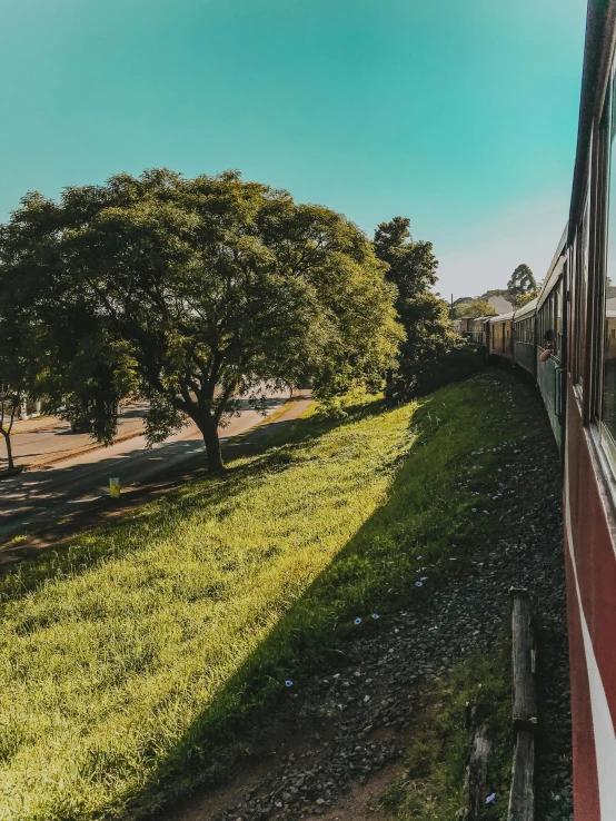 a train traveling down tracks next to a lush green field, a picture, happening, in sao paulo, 💋 💄 👠 👗, massive trees with warm windows, gopro photo