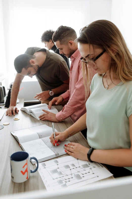 a group of people sitting around a wooden table, on a desk, intense line work, thumbnail, plating