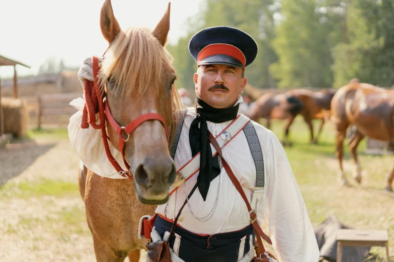 a man in uniform standing next to a horse, a portrait, by Alexander Fedosav, pexels contest winner, historical reenactment, thick mustache, slide show, portrait image