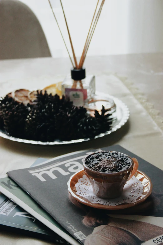 a magazine sitting on top of a table next to a cup of coffee, a still life, pinecone, incense, cupcake, mulato