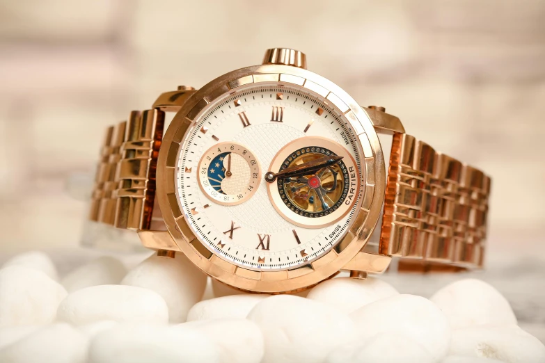 a close up of a watch on a table, pexels contest winner, renaissance, rose gold, gold and white, thumbnail, white mechanical details