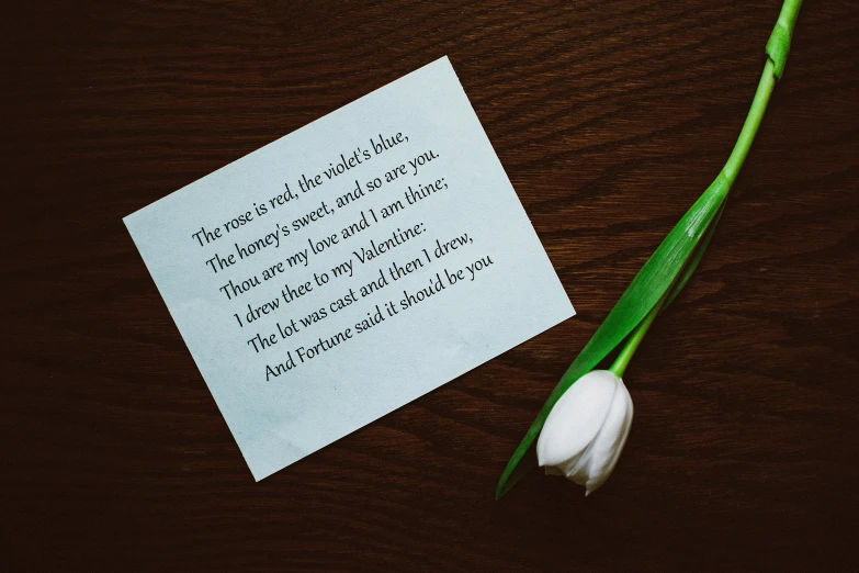 a note sitting on top of a wooden table next to a flower, profile image, poetry, background image, teal paper