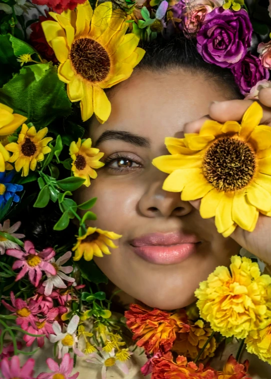 a woman holding a bunch of flowers in front of her face, an album cover, by Niko Henrichon, trending on unsplash, yellow makeup, natural complexion, laying down, made of flowers