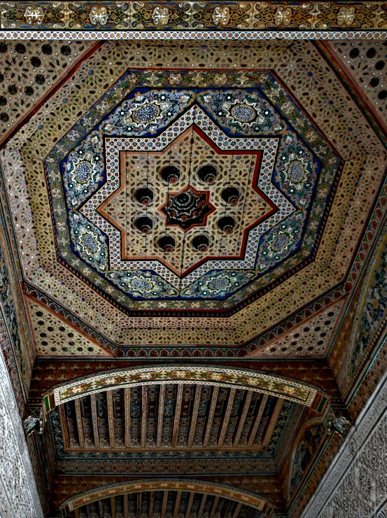 a close up of a ceiling in a building, a mosaic, inspired by Luis Paret y Alcazar, arabesque, 2 5 6 x 2 5 6 pixels, citadel of erbil, multilayer, ancient”