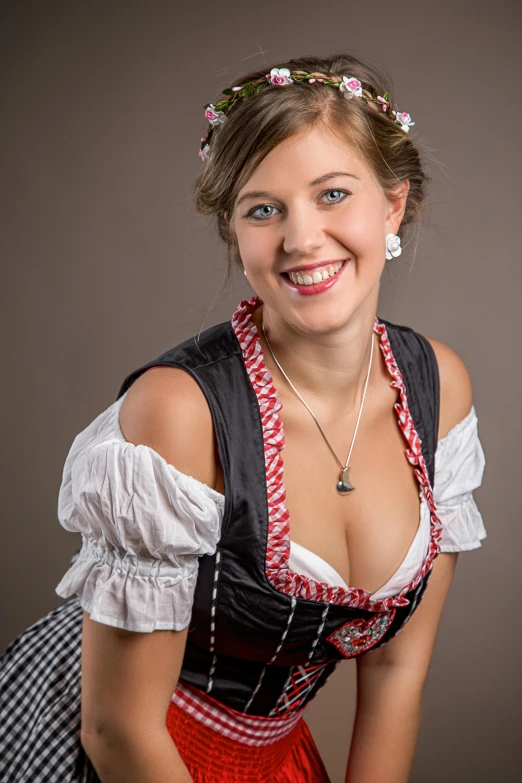 a woman posing for a picture in a dir dir dir dir dir dir dir dir dir dir dir dir dir dir dir dir dir, by Matthias Stom, flickr, octoberfest, studio photography portrait, cleavage, close up half body shot