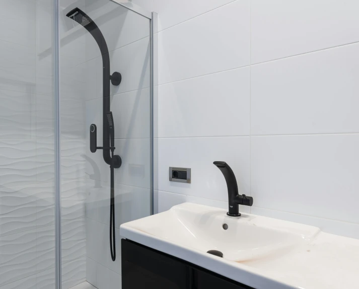 a bathroom with a walk in shower next to a sink, by Daarken, black on white only, ultra - quality, full device, aesthetics