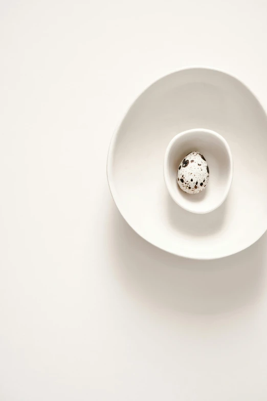 a white bowl sitting on top of a white table, inspired by Frederik Vermehren, eggs, bird's eye, black + white, edward robert