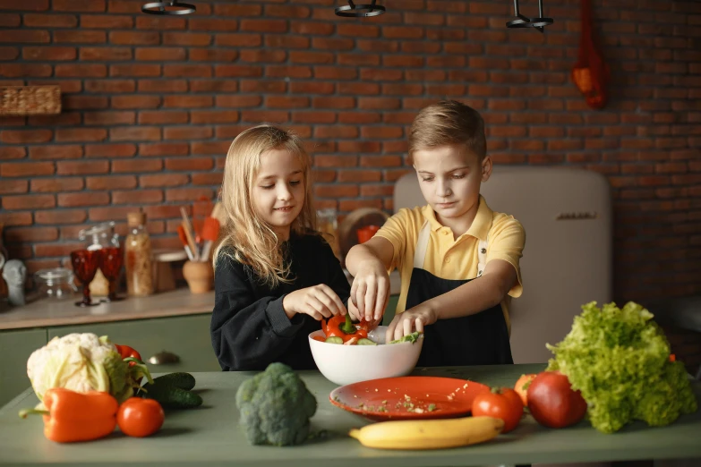 a couple of kids that are standing in a kitchen, pexels contest winner, cutting a salad, 15081959 21121991 01012000 4k, fruit bowl, thumbnail