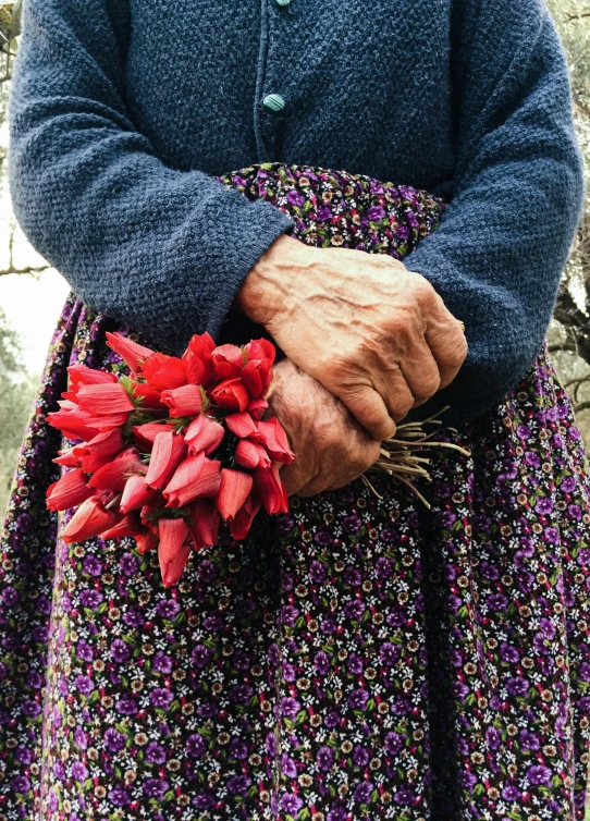 a woman holding a bunch of red flowers, by Anna Haifisch, trending on unsplash, old and wrinkled, chilean, clothes made out of flower, single pair of hands