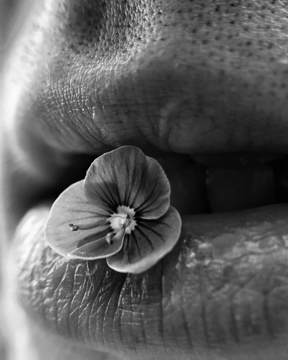 a close up of a person with a flower in their mouth, a black and white photo, by Adam Marczyński, unsplash, ffffound, the kiss, close-up!!!!!, large)}]