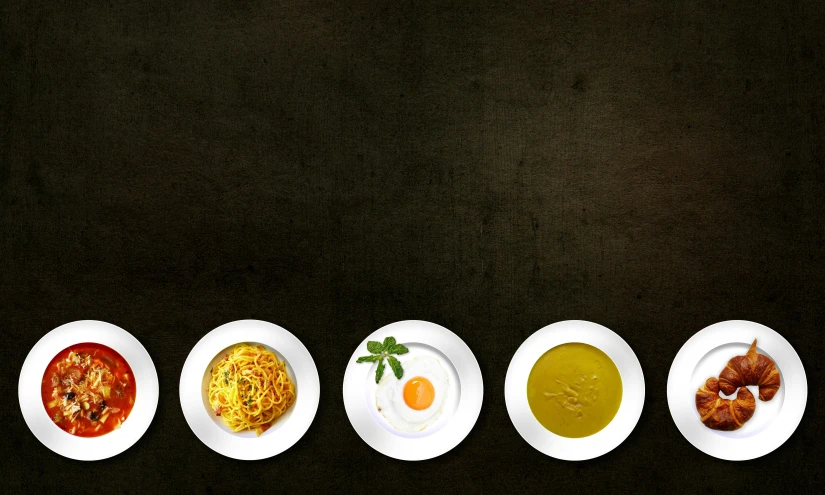 a number of plates of food on a table, a digital rendering, by Matthias Stom, pexels, minimalism, 3 - piece, soup, 15081959 21121991 01012000 4k, spaghettification