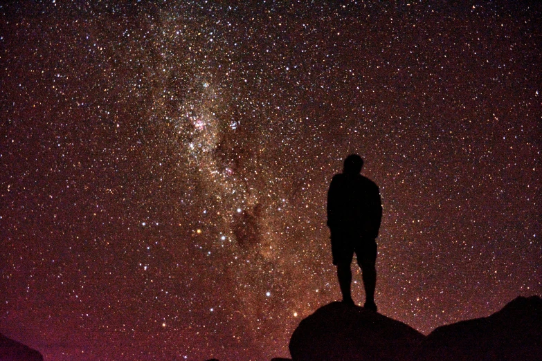 a person standing on top of a rock under a sky full of stars, chile, profile image