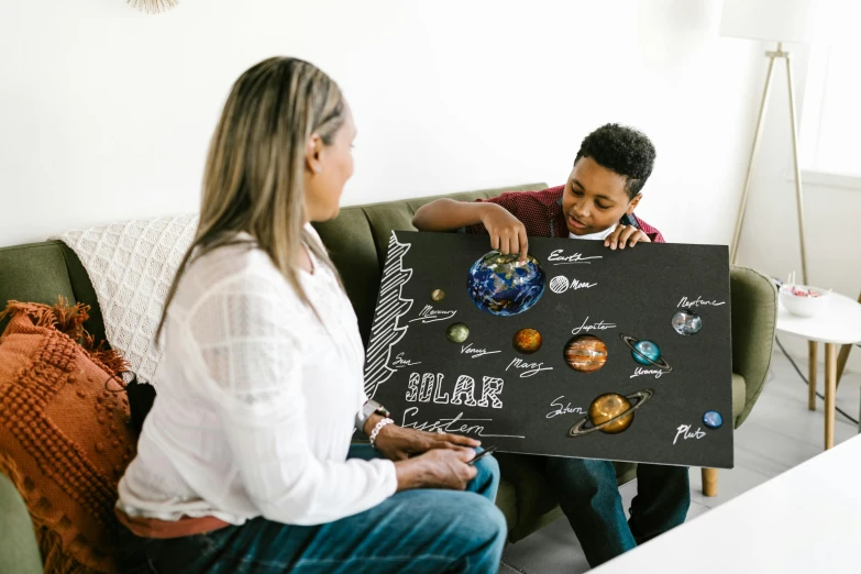 a couple of people that are sitting on a couch, a child's drawing, pexels contest winner, space art, standing in the solar system, tabletop game board, profile image, flatlay