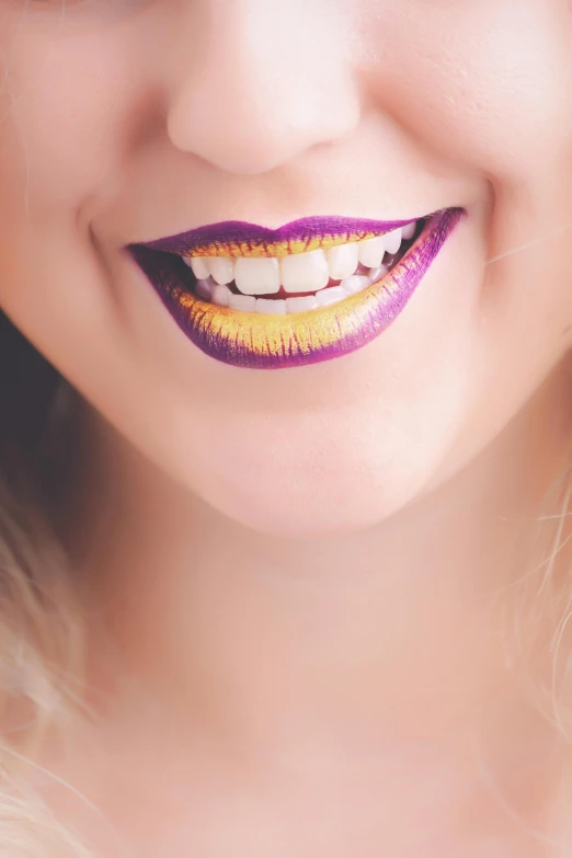 a close up of a person with a smile on her face, a colorized photo, inspired by Bert Stern, trending on pexels, pop art, purple and gold color scheme, lips, cute teeth, painted with colour on white