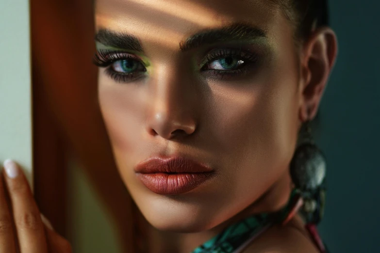 a close up of a woman with green eyes, inspired by Elsa Bleda, trending on pexels, photorealism, sexy lips :5 stylish, tanned ameera al taweel, makeup. unreal engine, woman model