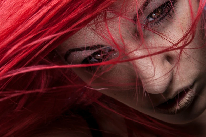 a close up of a woman with red hair, an album cover, by Adam Marczyński, pexels contest winner, fierce expression 4k, red contact lenses, chaos beauty, erza scarlet as a real person