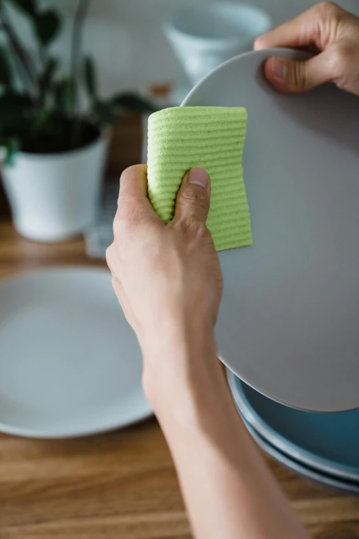 a person cleaning a plate with a sponge, grey, fan favorite, large tall, eco