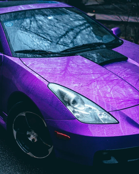 a purple sports car parked on the side of the road, trending on pexels, synchromism, iridescent titanium, non-binary, portrait photo, samurai vinyl wrap