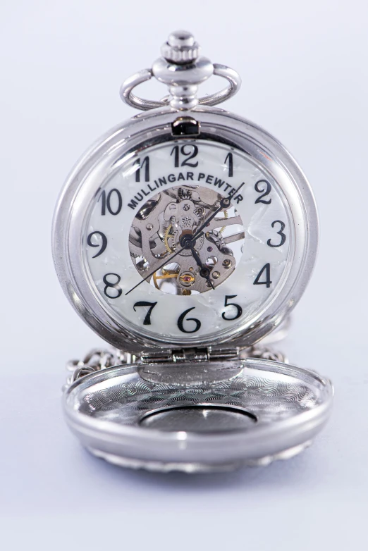 a close up of a pocket watch on a white background, inspired by H.R. Millar, happening, grey and silver, cogs, 240p, thumbnail