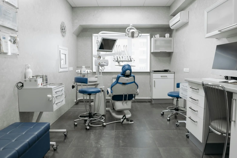 a black and white photo of a dentist's office, by Adam Marczyński, pexels contest winner, altermodern, panorama view, 3 ds max + vray, blue, brown