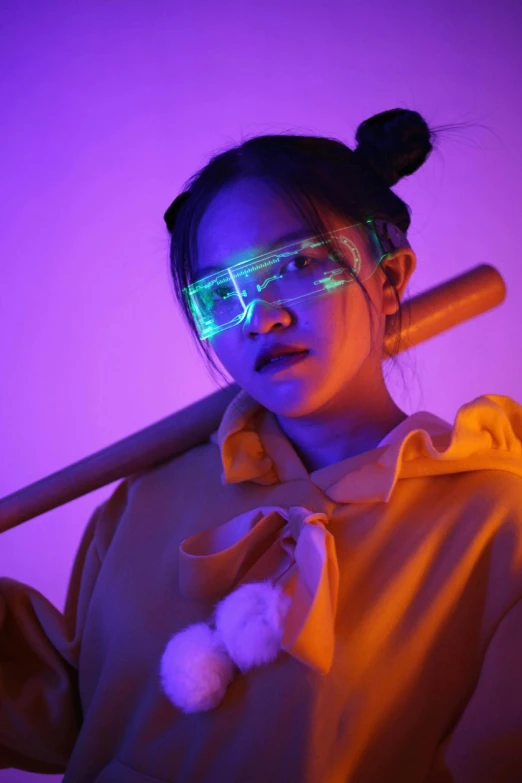 a woman holding a baseball bat in front of a purple background, inspired by Gao Cen, unsplash, holography, wearing goggles, glowing yellow face, asian girl, lights on