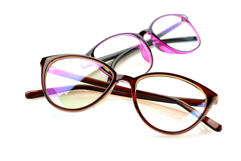 a pair of glasses sitting on top of each other, purple, brown, thumbnail, glossy plastic